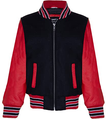 Kids Varsity Black Bomber Jacket with Real Leather Sleeves Red 12-13