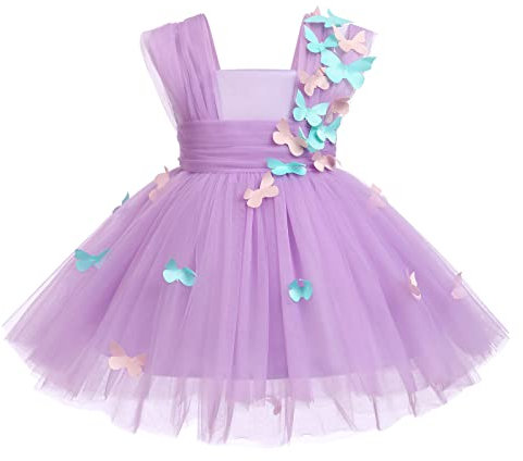 Odizli Vestito in tulle per bambini, senza maniche, con farfalla, per matrimonio, compleanno, da ballo, Lilla, 3-4 Anni