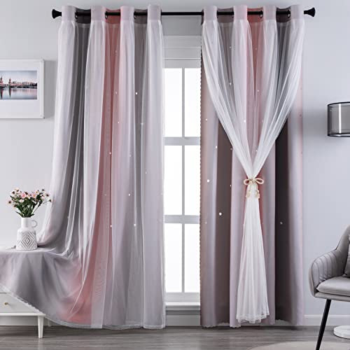 indistar Verdunkelungsvorhänge für Mädchen, Kinderzimmer, doppellagig, Sternausschnitt, Farbverlauf, gestreift, 1 Paneel (Rosa/Grau, B 132 x L 183 cm)