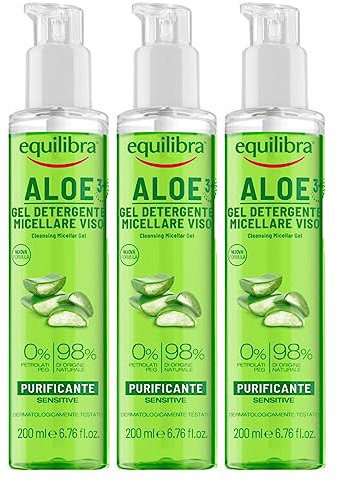 Equilibra Aloe 3+ Gel Detergente Micellare Viso Purificante Sensitive Trattamento Struccante Pelle del Viso con 98% Ingredienti di Origine Naturale - 3 Flaconi da 200ml