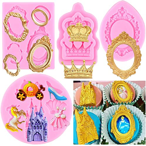 RFGHAC Bilderrahmen Silikonform Aschenputtel Fondantform Barock Fotorahmen Krone Schloss Prinzessin Kleid Kristall Schuhe Formen für Kuchendekoration Cupcake Topper Süßigkeiten Schokolade Gummipaste 4