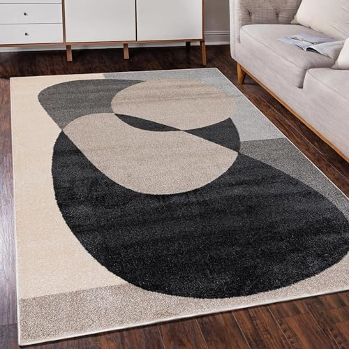 Mazovia Teppich Wohnzimmer 80x150cm Creme Anthrazit Geometrisch Weich | Teppich für Schlafzimmer Büro Esszimmer Beige Pflegeleicht Maschinengewebt Allergikerfreundlich Fußbodenheizungsgeeignet