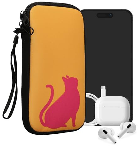 kwmobile Handytasche für Smartphones XXL - 7 - Neopren Handy Tasche Hülle Cover Case Schutzhülle - Umriss Katze Pink Honiggelb - 17,7 x 8,5 cm Innenmaße