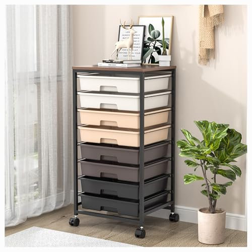 SYKIARIOL Badrollwagen Rollwagen mit 8 Schubladen, Schubladenwagen Rollcontainer mit Holztischplatte für Wohnzimmer Schlafzimmer Büro, großes Fassungsvermögen Bastelwagen, Braun