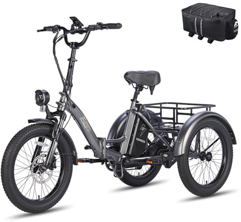 Fafrees Elektro Dreirad 20 Zoll, Elektro Dreirad Fahrrad Klapprad Dreirad für Erwachsene Lastenfahrrad E-Bike mit 48V 18,2AH Akku Bis 55-110KM, F20 Mate (Nur kleine Rückenkorb, Schwarz)