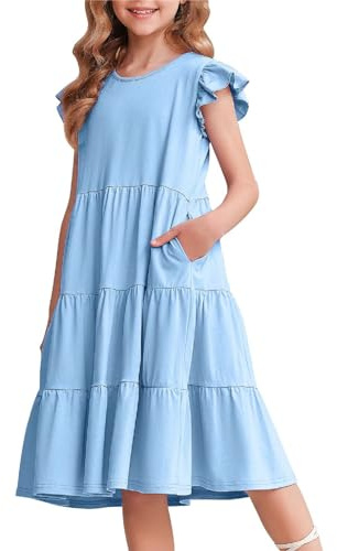 Arshiner Mädchen Kleider Rüschenärmel Sommer 4-14 Jahre | Rundhals, Swing, Baumwolle, Einfarbig, Mehrfarbig, A-linie, Casual, Basic, Einschulung, Elegant