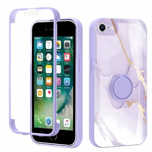 Yoedge Kickstand Phone Case for iPhone 8/SE 2022/7/SE 2020 4.7,360°Rotatable Magnetic Ring Holder Cases,Full Body Shockproof Silicone Back Cover with Built-in Screen Protector,Purple Marble Pattern