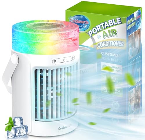 Air Cooler, Portable Personal Mini Air Conditioner, 3 Speeds Mode 7 Colors LED Evaporative Cooler Air Conditioner, 4000mAh USB Rechargeable Desktop Cooling Fan for Home Office Dorm(600ML) White