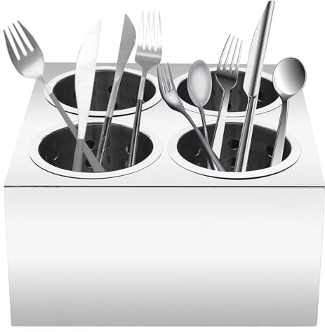 Récipient à couverts professionnel en acier inoxydable avec 4 carquois à double rangée de couverts amovibles 26,7 x 31 x 19,5 cm, pour restaurant et cuisine
