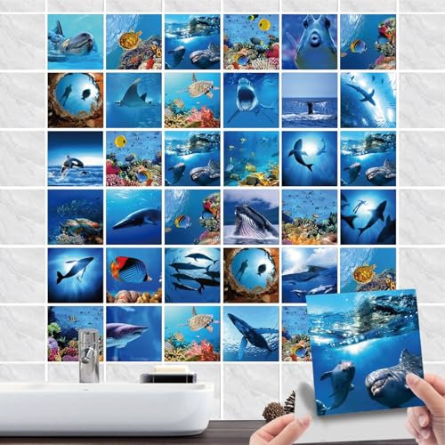 36 Stück Fliesenaufkleber Bad & Badezimmer Selbstklebende- Fliesenfolie PVC mit Hai Delfine Meeresschildkröte Unterwasserwelt-Wasserdicht Fliesensticker für Wand-fliesen Dekorative (05, 20x20cm)
