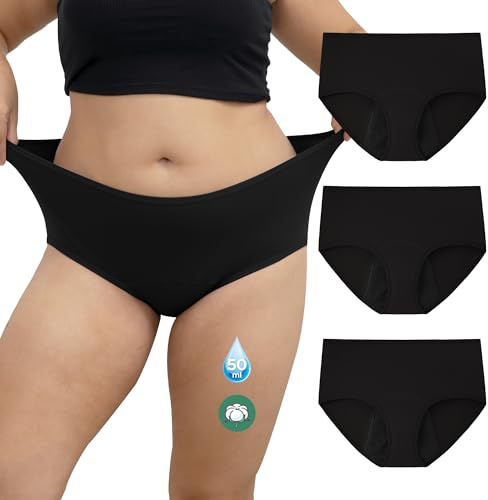 INNERSY Periodenunterschwäsche Starke Blutung Große Größen Baumwolle 3 Pack | Periodenunterwäsche High Waist, 44-62, Periodenslips Hohe Saugfähigkeit, Menstruation Unterwäsche, Auslaufsichere Unterhosen