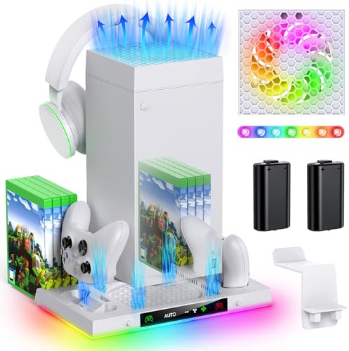 Auto Cooling Fan and Charge Stand Accessories for Xbox Series X Console with 15 Light Modes, Wireless Dual Charger Dock for XSX Controller, 2 Rechargeable Batteries, Headset Stand & Game Disc Storage