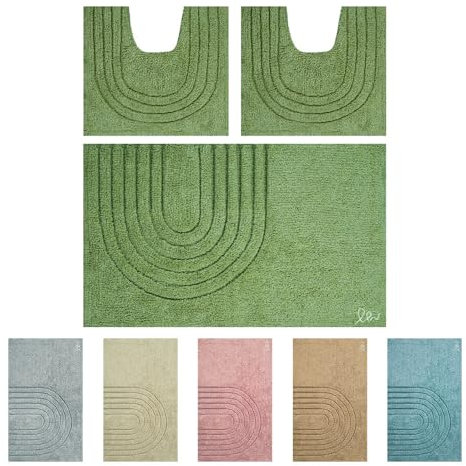 OLIVO.shop | PARURE MODERN, Set Tappeti Bagno 3 pezzi, Tappeti bagno antiscivolo, Tappeto bagno cotone, Tappeti bagno lavabili, vari colori (MODERN SALVIA)