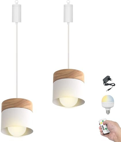 FSLiving Dimmbare Hängelampe mit Batterie Innen,2er-Satz Modern Metall Hängeleuchte Batteriebetriebene Lampe, Pendelleuchte ohne Strom Stromanschluss für Küche Nachttischcafé,Weiß
