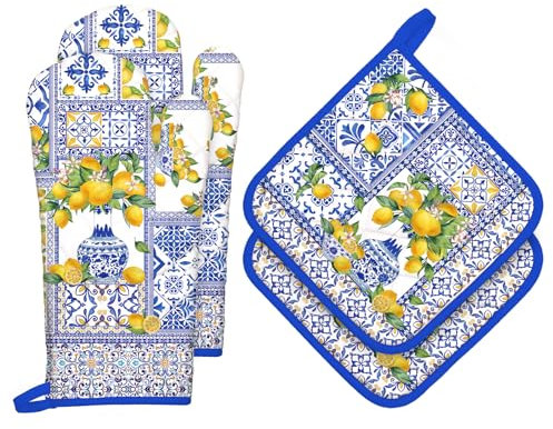 Arquiel Yellow Lemon Oven Mitts and Pot Holders -100% Cotton, Heat Resistant Extra Long Oven Gloves & Hot Pads for Cooking BBQ Grilling Baking Gift, Set of 4