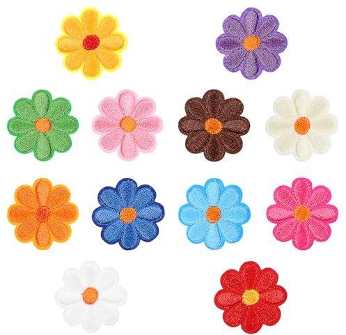 12 PCS Flower Iron on Patches, Colorful Daisy Applique Flowers Iron on Patches for Clothes Sewing Floral Patch Embroidered Applique Patch for Clothes Jeans Bags Jackets