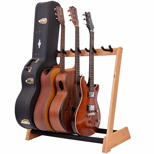 Nefelibata Mehrzweck-Gitarrenständer 5 Ständer Holzgitarrenständer Bodenständer für Gitarren und Cases, E-Gitarren, Akustikgitarren, Bassgitarren, Celli - Deutsche Esche (Log)
