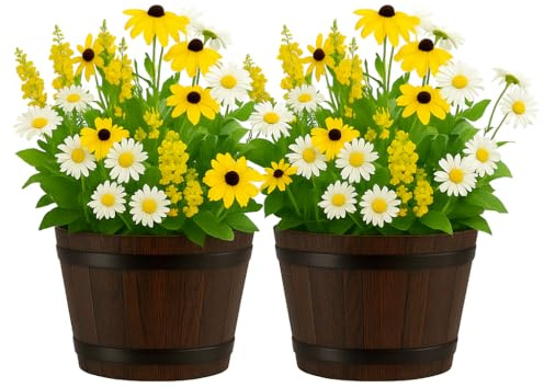 Gardening Naturally Wooden Barrel Effect Crocus Pot 2-Pack - Recycled Plastic, UV and Frost Resistant, (Red Wine, 30cm)