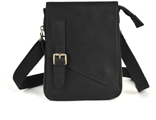 Le'aokuu Herren Verrückt Pferd Leder Tasche Freizeit Universität Schultasche Reisetasche Schultertasche Messenger Bag 611 (611-1 A-Schwarz Groß 2)