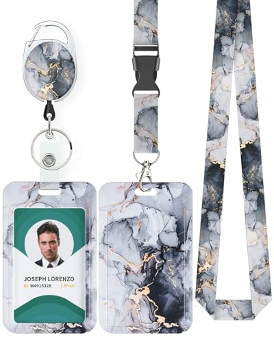 Uniclife Modische Sliding Ausweishülle Marmoriert Kunststoffkoffer mit einziehbaren Badge Reel Karabiner Clip abnehmbare Lanyard Strap geprägte vertikale Karte Schutz für Krankenschwester Tusche-Gold