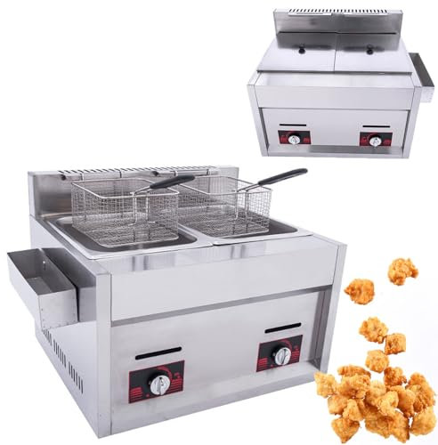 Friteuse à gaz Professionnelle 20 L, Double cuve GPL, avec paniers et bac d'assaisonnement, température réglable, friteuse à Frites de Poulet en Acier Inoxydable, Chauffage Uniforme, pour Restaurant