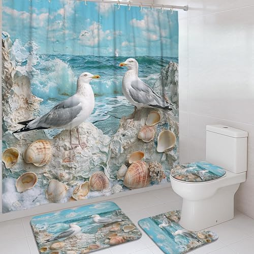 Möwen-Duschvorhang-Set, blauer Ozean, Strand, Badematte, Teppich, Zubehör für Badezimmer-Dekor, Sommer, nautische Kunst, wasserdichter Stoff, Duschvorhang-Set mit Haken, 183 x 183 cm