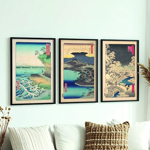 Japan Poster im 3er-Set (opt.) mit Rahmen – Utagawa Hiroshige – Seashore at Hoda, Province of Awa, Pine Tree at Karasaki, Ochanomizu – Stilvolle Wanddekoration – Abstrakte Bilder asiatische Deko