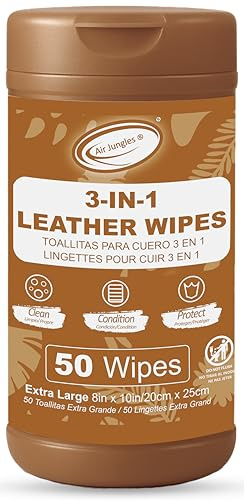 Air Jungles 3in1 Leather Wipes 50 Count, Extra Large 8 x 10 Size, Clean Condition Protect Wipes for Vinyl and Leather Apparel Furniture Auto Car Interior Shoes Boots Bags