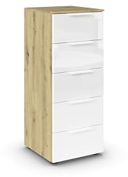 Rauch Möbel Flipp, Kommode, Farbe Glas Weiß/Eiche Artisan, Breite 40 cm | Sideboard, 5 Schubladen, Glasfront, Soft-Close-Funktion, für Schlafzimmer, Gästezimmer, Wohnzimmer, Garderobe, Flur