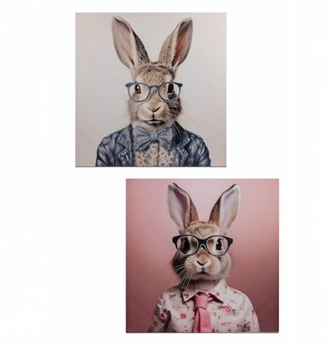 formano 2er Set Wandbilder Ostern Hase mit Brille 60 x 60 cm Moderne Tierkunst auf Leinwand - Osterhase - Stilvolle Wanddekoration für Wohnzimmer Schlafzimmer Büro