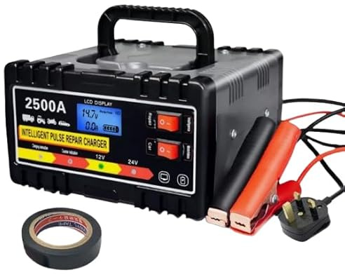 2500A Heavy Duty Car Battery Charger 12V 24V Intelligent Pulse Repair Automatic Smart Trickle Charger and Maintainer with LCD Display and 240W High Frequency Transformer for Cars Motorcycles and Truck