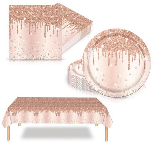 41Pcs Rose Gold Diamond Party Tableware Set for Her Women Girls,Glitter Disposable Dinnerware with 20 Rose Gold Paper Plates,20 Napkins,Plastic Table Cloth for Birthday,Wedding,Baby Shower Party Decor