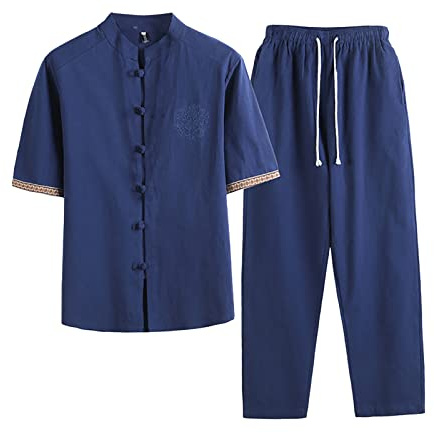 NNGOTD Men's Chinese Traditional Martial Arts Suit Kung Fu Tai Chi Classic Tangzhuang Short Sleeve Shirt Trousers Training Uniform Tracksuit (#0002 Blue,3XL)
