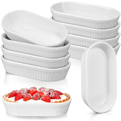 10 Pack Oval Ceramic Ramekins, 6oz White Creme Brulee Dishes, 6.5 Inch | Individual Pie Dishes, Small Desserts Dish for Souffle, Tapas and Lasagne, Oven and Microwave Safe