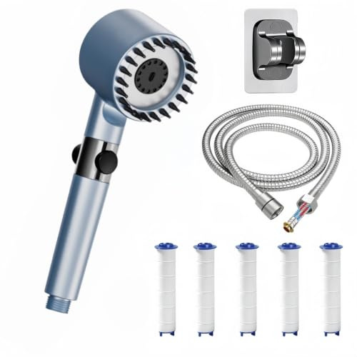 High Pressure Shower Head, 4 Spray Modes Shower Heads with 1.5M Shower Hose, Filter Showerhead with ON/Off Switch, Handheld Massage Power Shower Head for Chlorine Remove, Blue