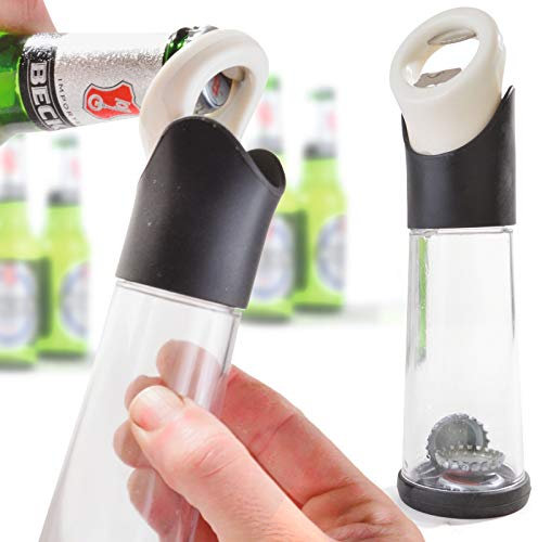 Beer Bottle Opener with Cap Collector Catcher – Home Bar, Kitchen, Barbecue or Party Accessory with Stainless Steel Opening Tool & Acrylic Container – Measures H20 x 5cm Diameter