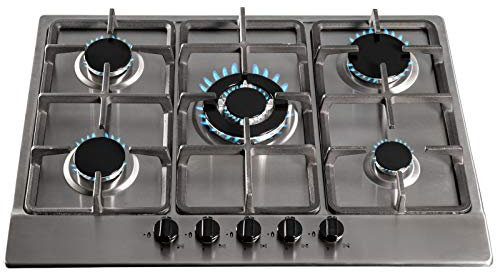 SIA 70cm Stainless Steel 5 Burner Gas Hob With Cast Iron Pan Stands & Wok Burner