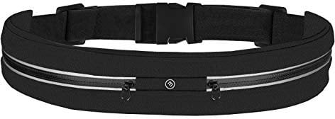 Laufgürtel Bauchtasche Joggen - Wasserdicht, Verstellbar, 2 Fächer für Smartphone Schlüssel Geld Kopfhörer | Flache Sport-Lauftasche, Running Belt Hüfttasche,Jogging Wandern Laufen Damen Herren(Black)