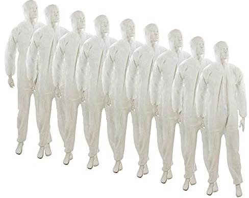 Dapetz ® 10-Pcs Disposable Paper Suit Protective Overall Coveralls Medium 170cm 67 Non-woven Polypropylene Coverall New Zip-up Front Elasticated Hood, Cuffs & Ankles Zip Fastening for Secure Fit