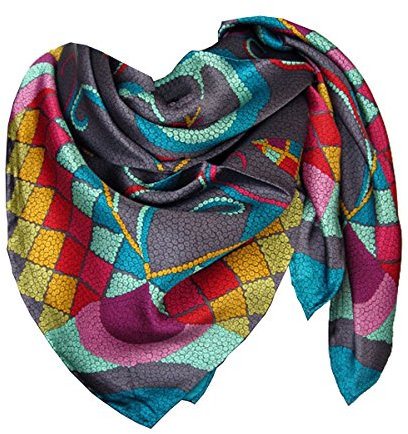 Nella-Mode Schickes Hochwertiges SEIDENTUCH in kräftigen Farben auf anthrazitfarbenen Grund in frischem aussergewöhnlichem Design, Tuch aus 100% Seide, 85x85 cm, Handrolliert