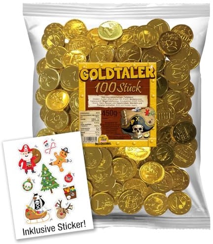 Schoko Goldtaler / Euromünzen (100 Stück) ideal für Schatzsuchen, Kindergeburtstage oder als Mitgebsel inkl. Piratensticker