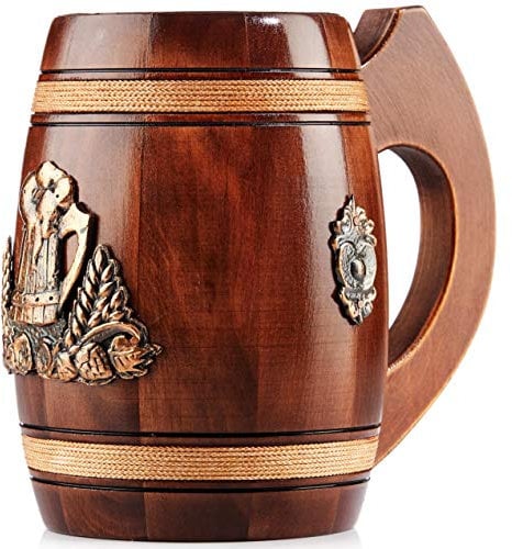 Handmade Beer Tankard - Stein is Large and Heavy Duty - Crafted from Solid Oak - Amazing Craftsmanship and Quality Materials - Mug is Lined with Stainless and Features - 500 ml (17 Oz)