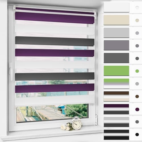 Magiea Doppelrollo Klemmfix ohne Bohren & mit Bohren, Weiß-anthrazit-aubergine B80 x H150 cm Stoffbreite 76 cm, Klemmrollo lichtdurchlässig und Blickdicht, Fensterrollo Sonnenschutzrollo für Fenster