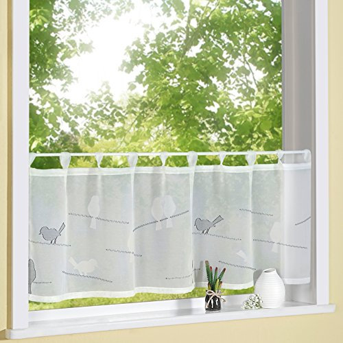 heimtexland ® Scheibengardine Natur Batist mit Schlaufen 45 x 140 cm gewebt mit süßen Vögeln in anthrazit Bistrogardine halbtransparent Modern Landhaus Gardine Vogel Ökotex Typ568