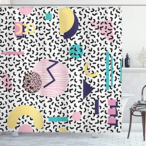 ABAKUHAUS 90er Jahre Duschvorhang, Retro Geometrische Formen, Stoffliches Gewebe Badezimmerdekorationsset mit Haken, 175 x 180 cm, Navy Gelb Pink