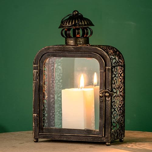 DECORKEY Farol de Vela Decorativo, para Interiores y Exteriores, Estilo Vintage, de Metal, con Cristal Transparente, para Mesa y portavelas Colgantes, para Patio, Porche Delantero, decoración del