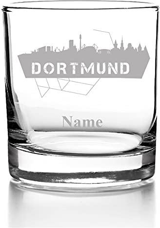 Whiskyglas mit Gravur, Personalisiert mit Namen Geschenk für Männer Whiskeyglas Fußball Skyline Dortmund