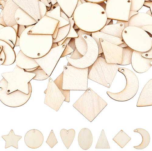 PandaHall 160 Stück 8 Stile ungefärbte Holzanhänger natürliche Stern Mond Formen für Ohrringe Halskette Schmuck DIY Basteln Baumschmuck hängende Ornamente Dekorationen