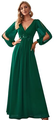 Ever-Pretty Damen Stilvolle Chiffon V-Ausschnitt Applique Plus Size Abendkleider mit Langen Laternenärmeln Dunkelgrün 50EU