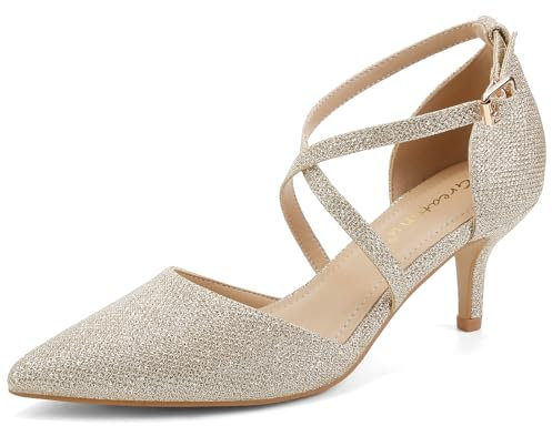 Greatonu Womens Court Shoes Pointed Toe Kitten Mid Low Heel Sandals Ladies Ankle Strap Pumps Gold Size 3.5